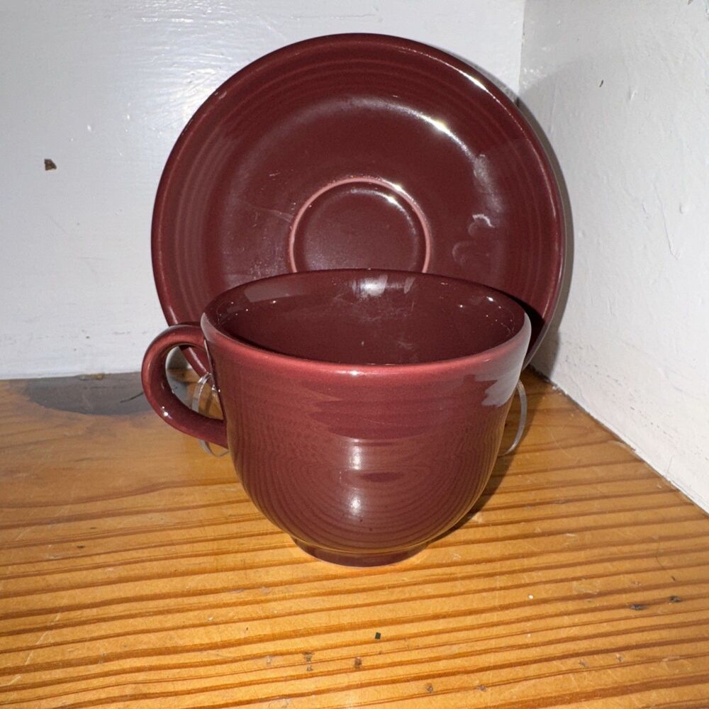 Fiesta Teacup and Saucer Set Cinnabar Maroon Retired Fiestaware | HLC Tea Cup